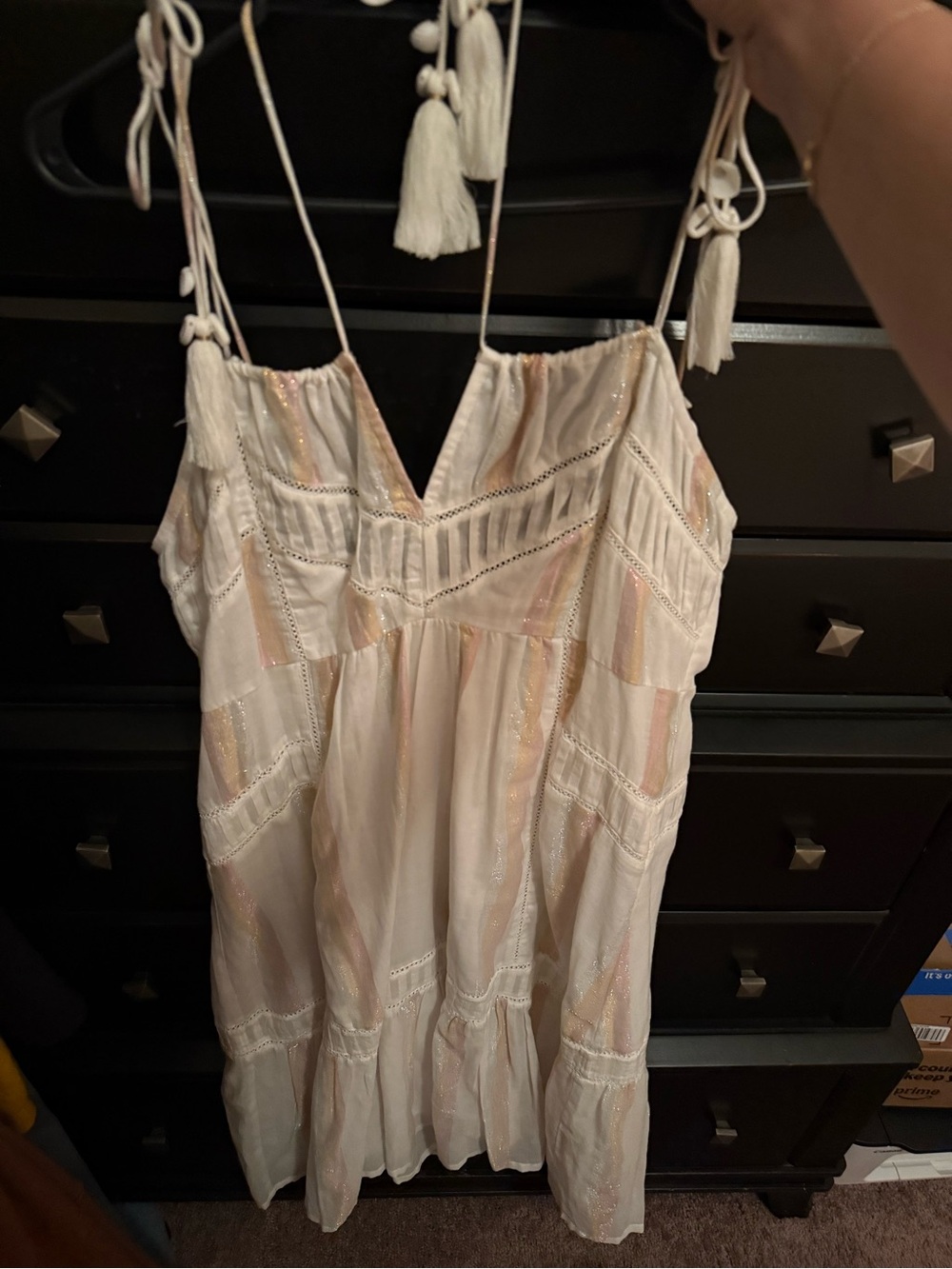 Anthropologie Cream and Blush Tiered Lace-Trim Midi Dress